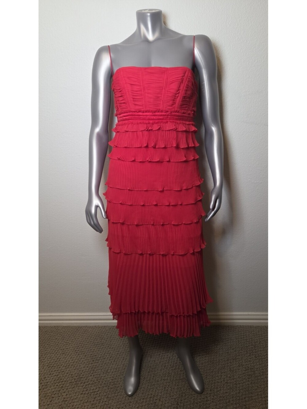 Badgley Mischka Hutch Evie Strapless Tiered Maxi Dress Red Size 12 Tulle